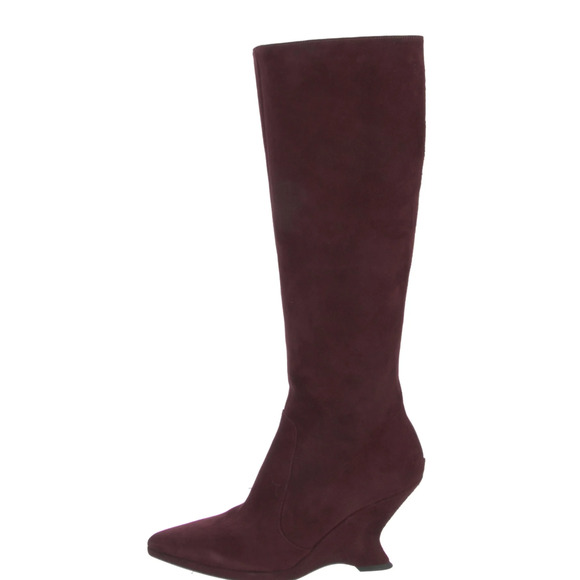 Dior Burgundy Suede Knee High Boots 38 Wedge Heel Rouge Noir Dioretre - Picture 1 of 8
